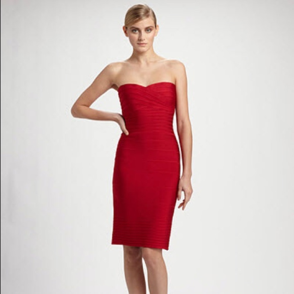 Herve Leger Strapless Red Iconic Bandage Dress